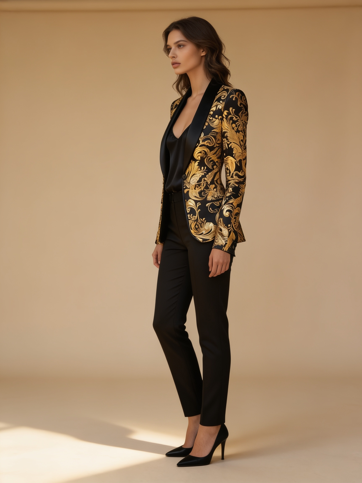 Lumina Wear Vivian satin blazer with ornate baroque floral print and tailored lapels