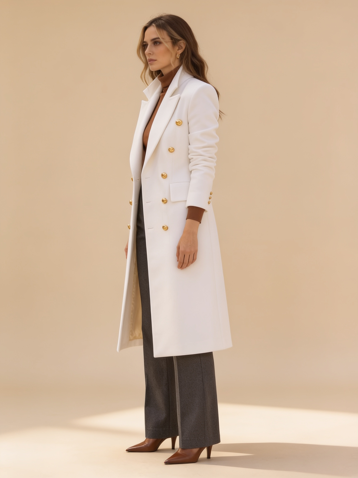 Lumina Wear Elena Luxe double-breasted longline coat with peak lapels in Lumina finish