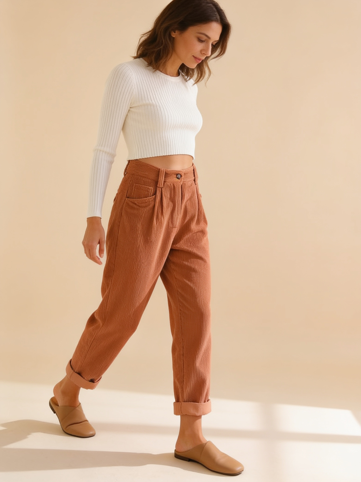 Lumina Wear Isabella chic corduroy trousers with flattering fit, front view