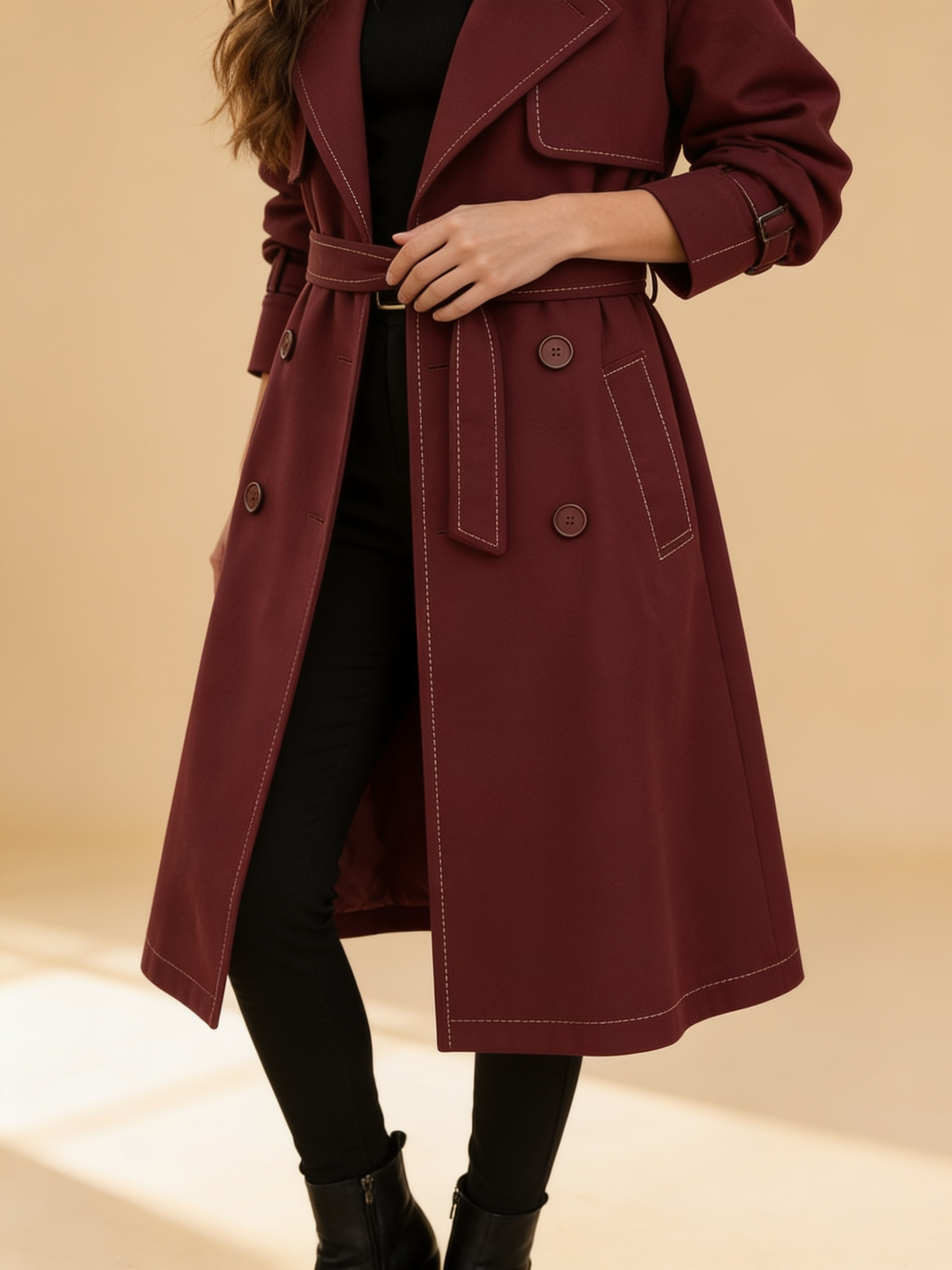 Elena Rouge double-breasted belted trench coat in red by Lumina Wear