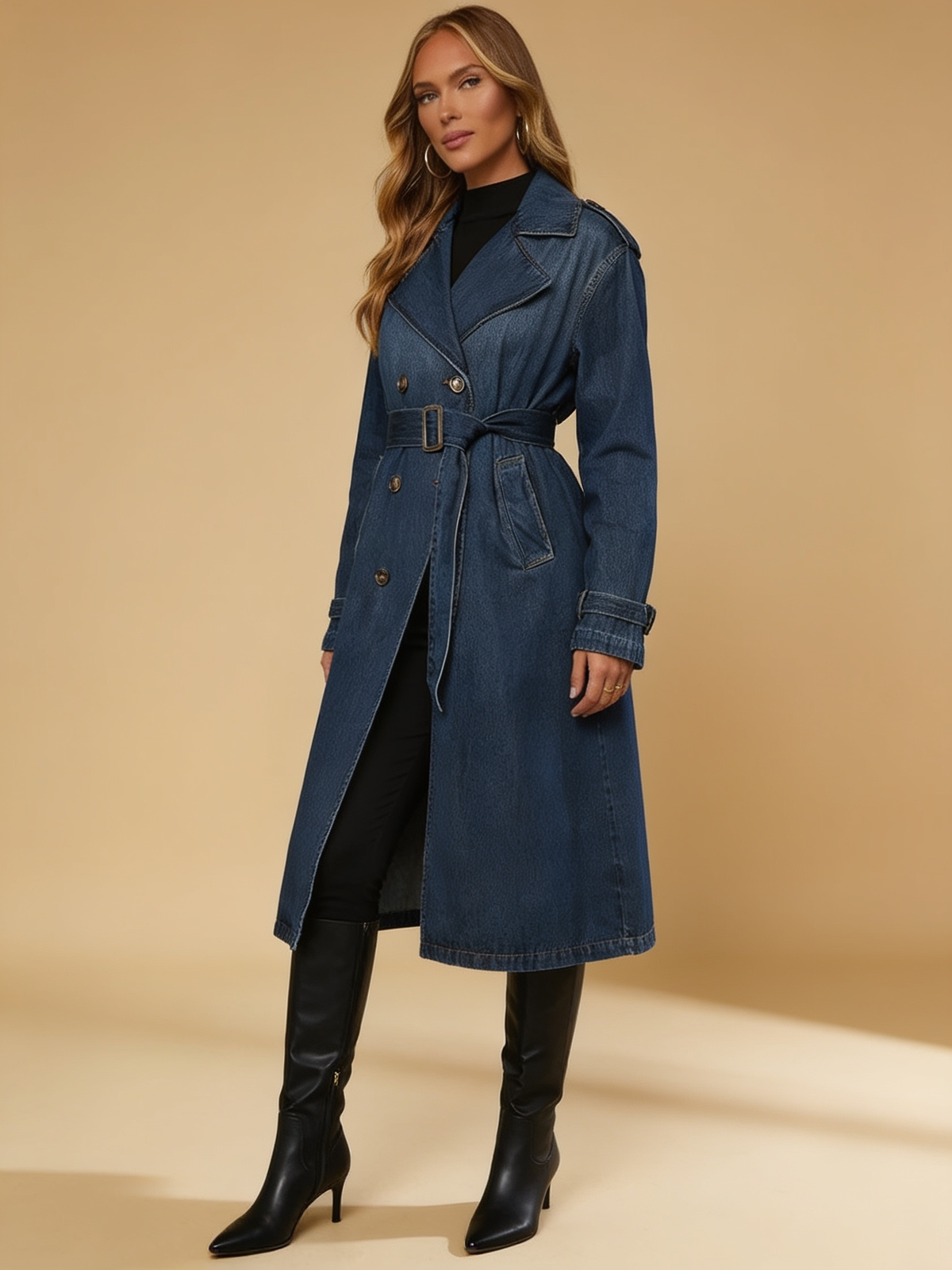 Lumina Wear Elena double-breasted denim trench coat with structured lapels and belted waist