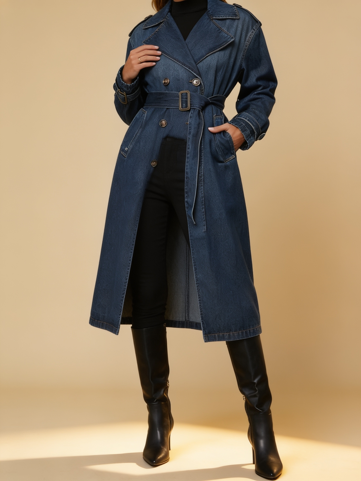 Lumina Wear Elena double-breasted denim trench coat in blue, front view