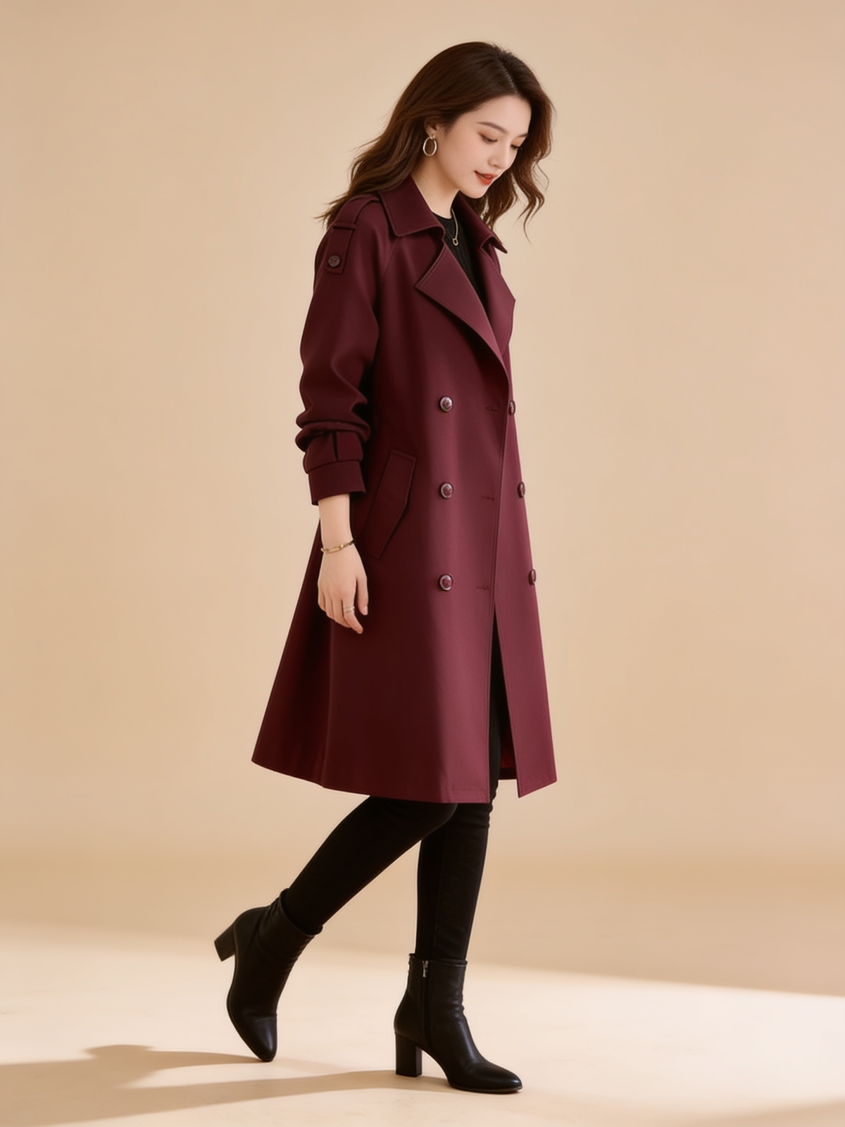 Lumina Wear Elena structured burgundy trench coat with feminine fit and tailored silhouette