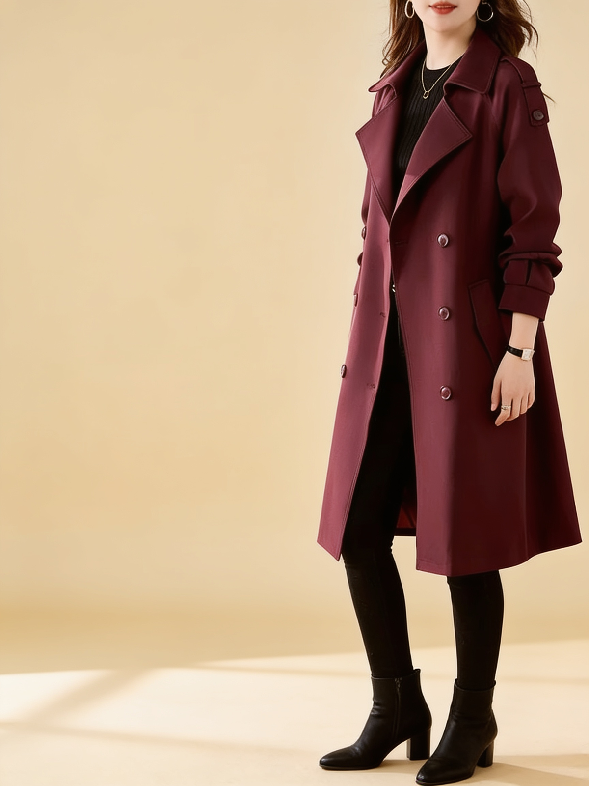 Lumina Wear structured burgundy trench coat with feminine fit and classic lapel collar