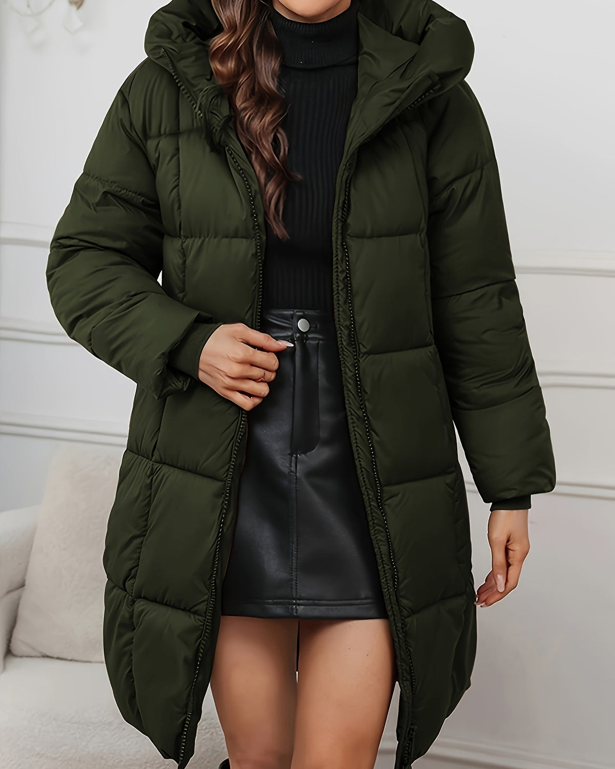 Redish-brown Holly longline hooded puffer coat by Lumina Wear, featuring a minimalist design and cozy insulated style.