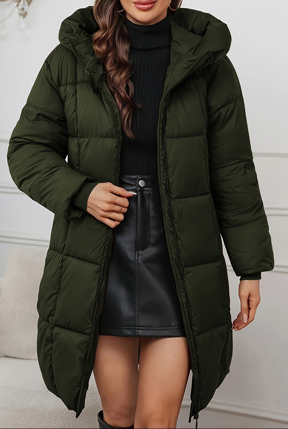 Redish-brown Holly longline hooded puffer coat by Lumina Wear featuring a minimalist design and cozy, insulated puffer style.