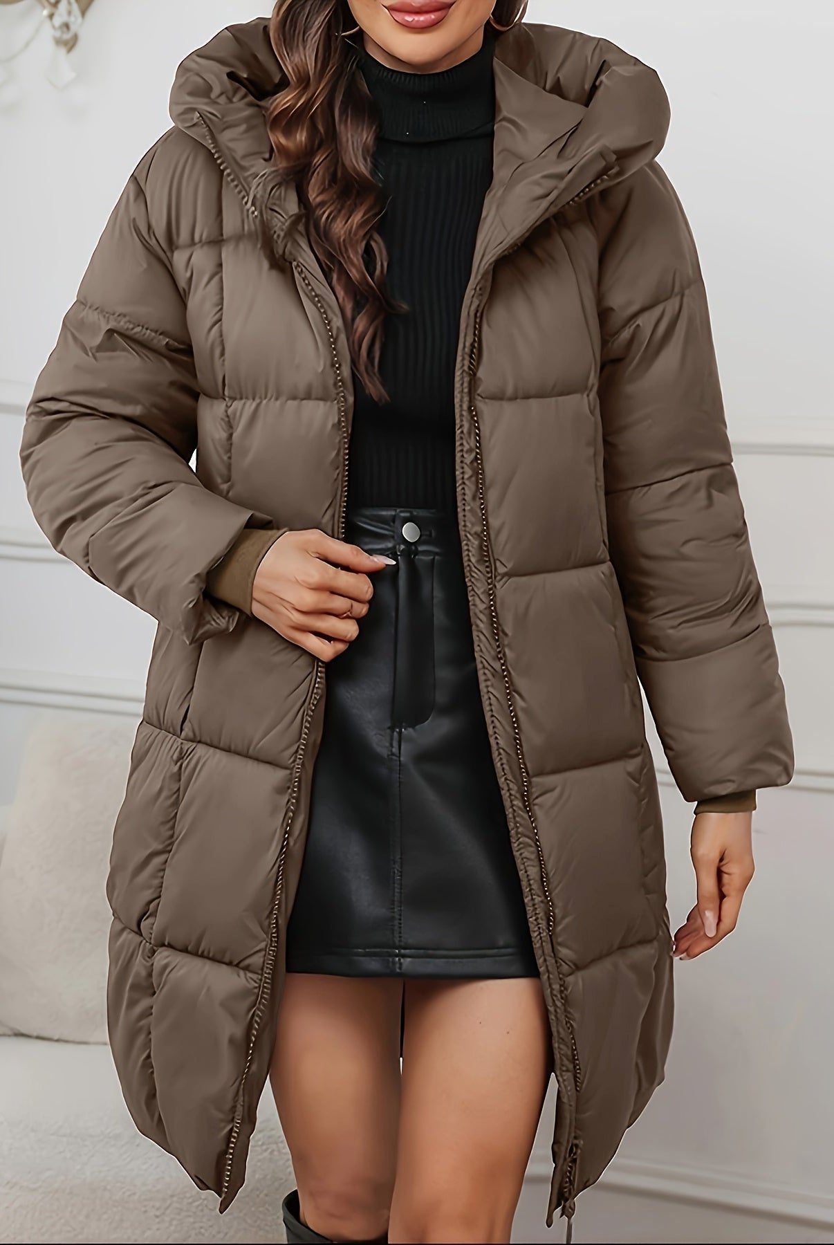 Redish-brown Holly longline hooded puffer coat by Lumina Wear, stylish minimalist design with cozy, insulated features.