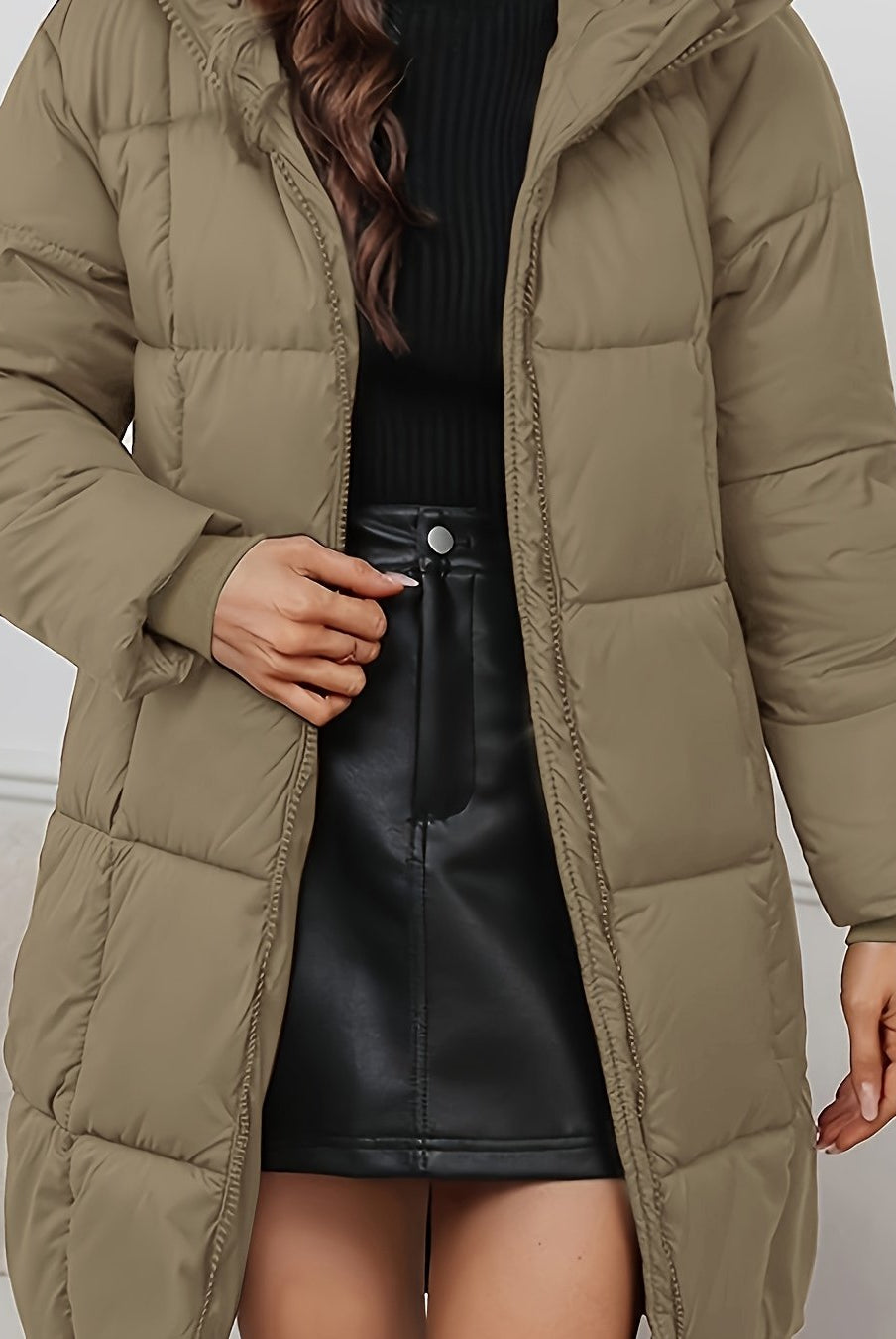 Redish-brown Holly Lumina Wear cozy longline hooded puffer coat with minimalist design, featuring a warm, padded look.