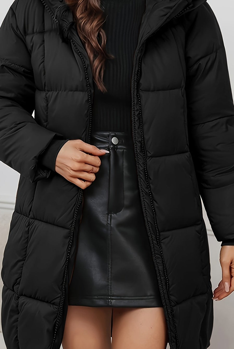 Redish-brown Lumina Wear Holly longline hooded puffer coat with minimalist design, cozy and warm for cold weather.