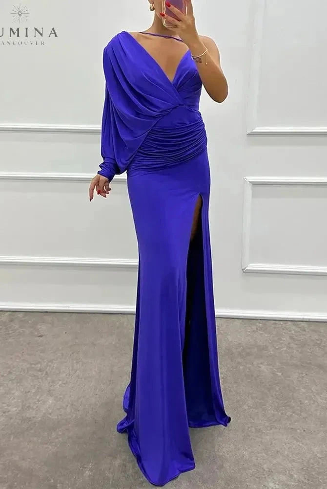 Pink Iliana one-shoulder evening gown by Lumina Wear, elegant wedding guest dress with a flowing silhouette.
