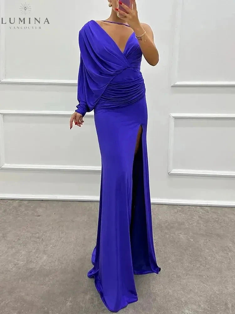 Pink Iliana one-shoulder gown by Lumina Vancouver, elegant wedding guest dress with a sophisticated silhouette.