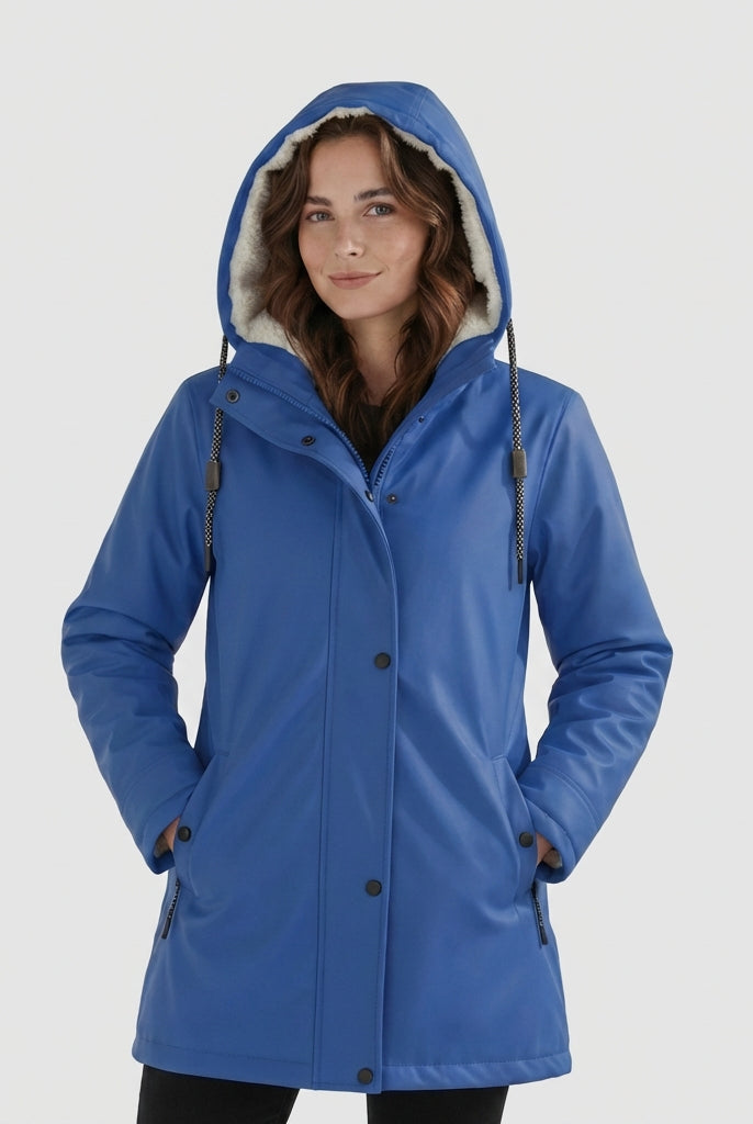 Yellow Lumina Wear Imogen Sherpa-lined hooded parka jacket for winter adventures, shown on a mannequin.