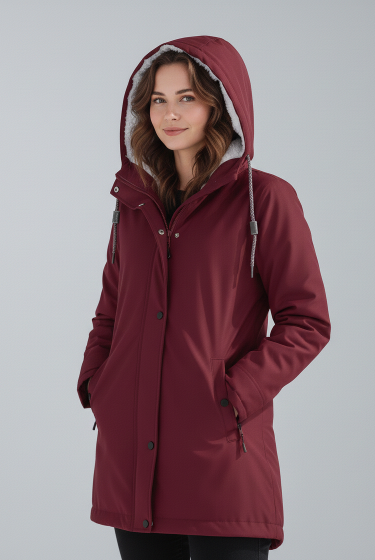 Yellow Lumina Wear Imogen Sherpa-lined hooded parka jacket for women, featuring cozy inner lining and winter-ready design.
