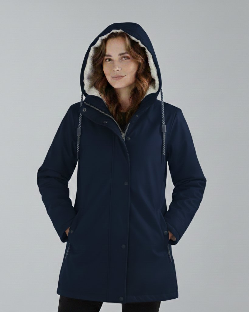 Yellow Lumina Wear Imogen Sherpa-lined hooded parka coat for winter adventures, featuring cozy fleece lining and a warm hood.