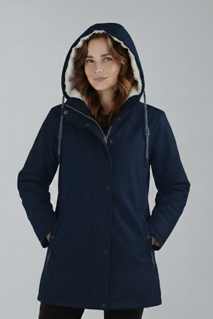 Yellow Lumina Wear Imogen Sherpa-lined hooded parka jacket for winter adventures, showing winter-ready design and cozy interior.