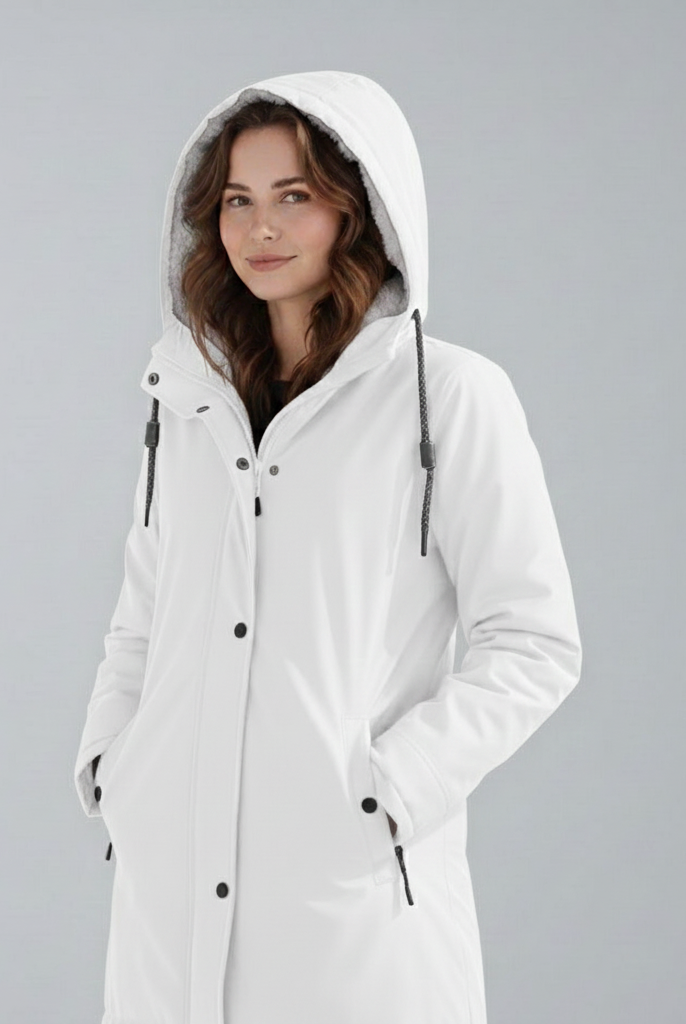 Yellow Lumina Wear Imogen cozy sherpa-lined hooded parka jacket for winter adventures, shown on a model outdoors.