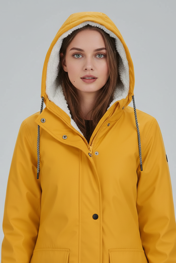 Yellow Lumina Wear Imogen Sherpa-lined hooded parka jacket, cozy winter coat with insulated interior and adjustable hood.