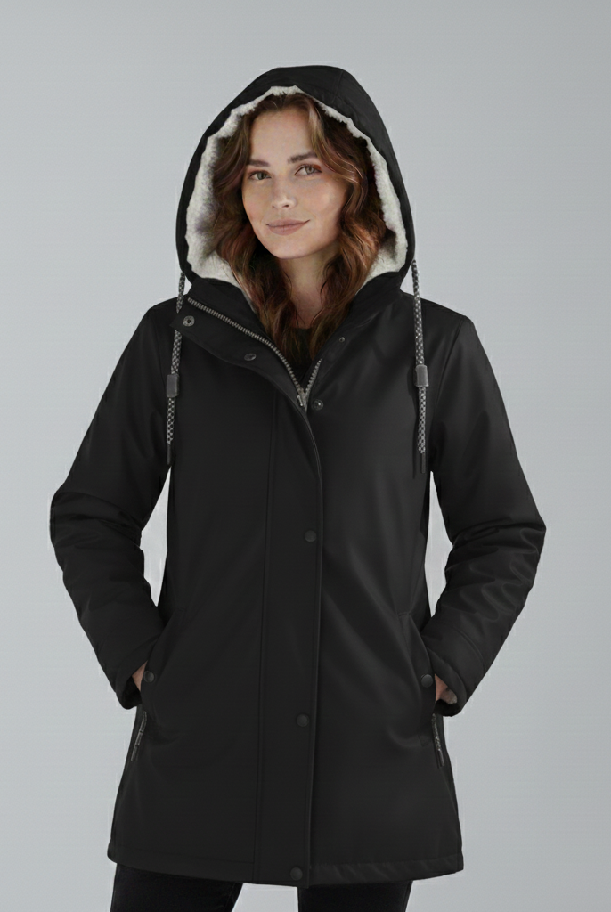 Yellow Lumina Wear Imogen Sherpa-lined hooded parka jacket for winter adventures, featuring a cozy, insulated design.