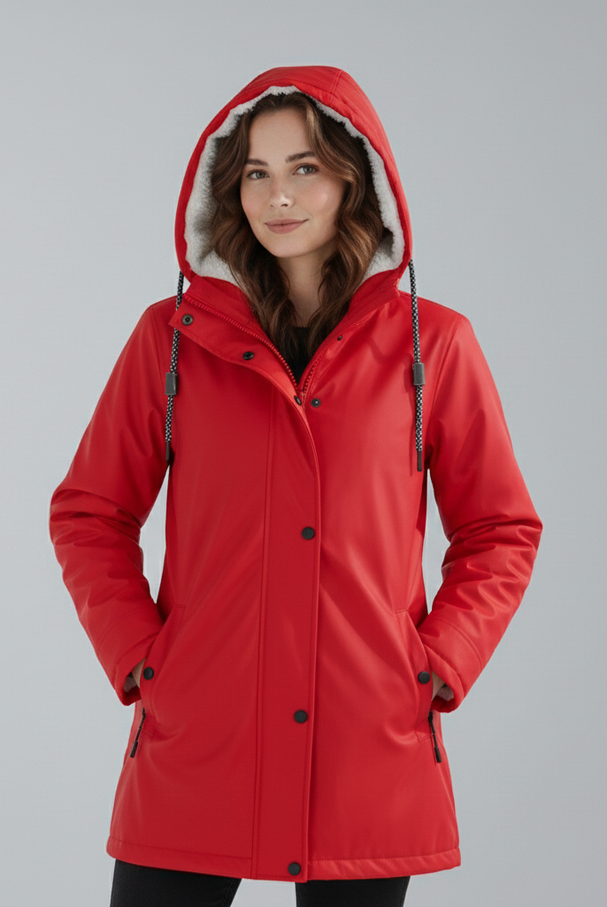 Yellow Lumina Wear Imogen Sherpa-lined hooded parka jacket for winter adventures, featuring cozy insulation and a practical hood.