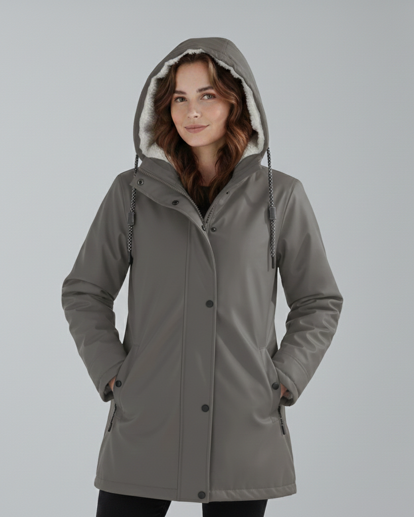 Yellow Lumina Wear Imogen Sherpa-lined hooded parka coat for winter adventures, shown on a mannequin.