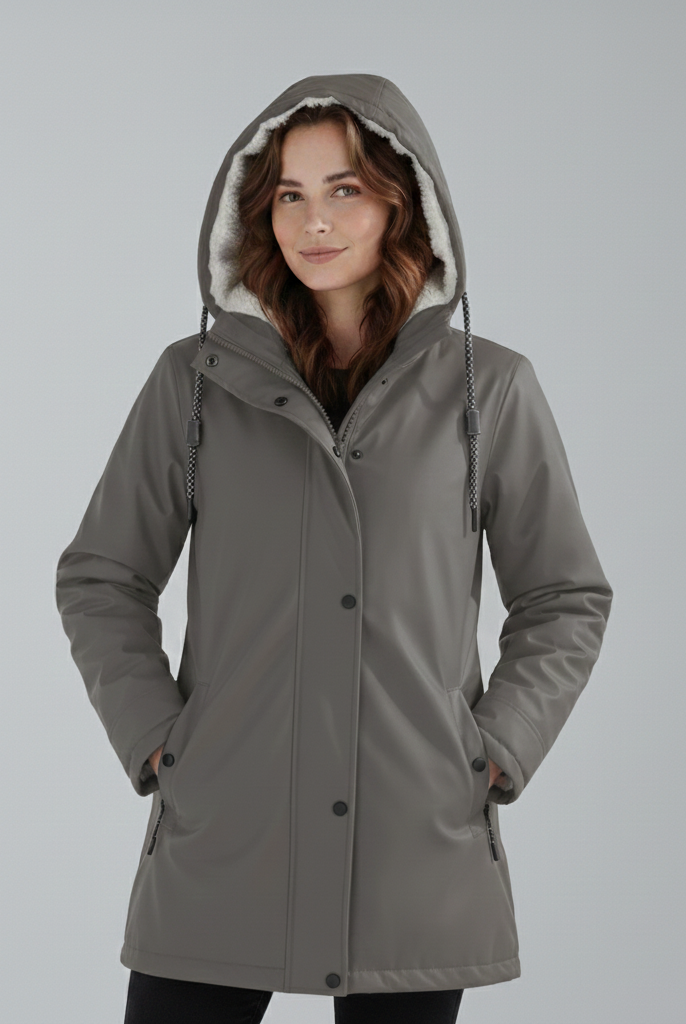 Yellow Lumina Wear Imogen Sherpa-lined hooded parka jacket for winter adventures, showing front view with cozy fleece lining and hood.