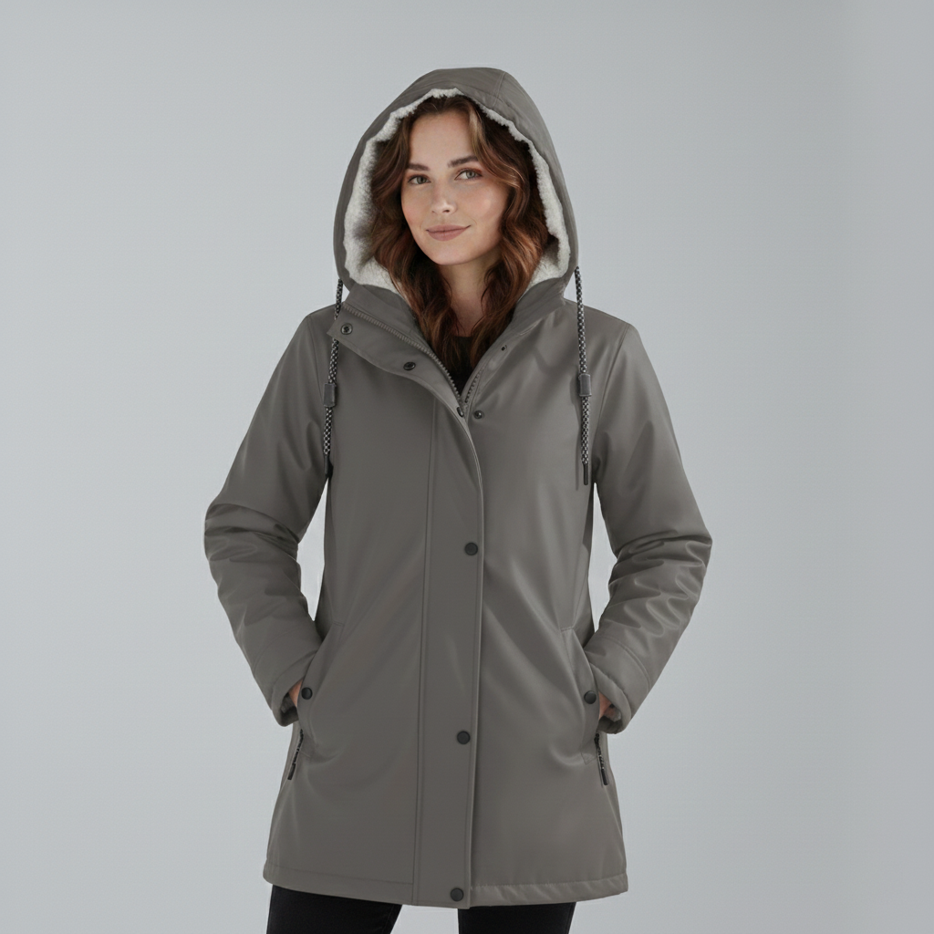Yellow Lumina Wear Imogen Sherpa-lined hooded parka jacket for winter adventures, showing front view with cozy fleece lining and hood.