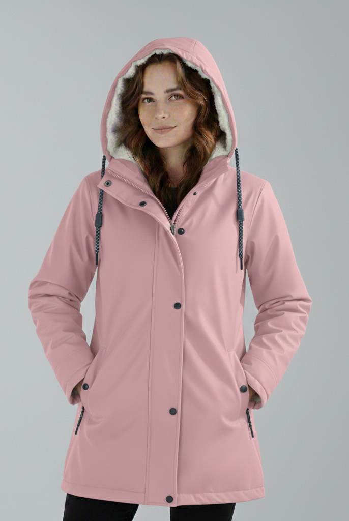 Yellow Lumina Wear Imogen cozy sherpa-lined hooded parka jacket for winter adventures, featuring a warm, insulated design.