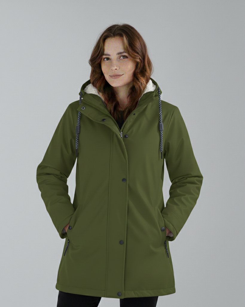 Yellow Lumina Wear Imogen Sherpa-lined hooded winter parka jacket, cozy coat for cold weather outdoor adventures.