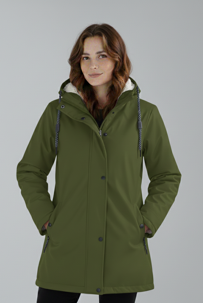 Yellow Lumina Wear Imogen Sherpa-lined hooded parka jacket for winter adventures, featuring cozy fleece interior and adjustable hood.