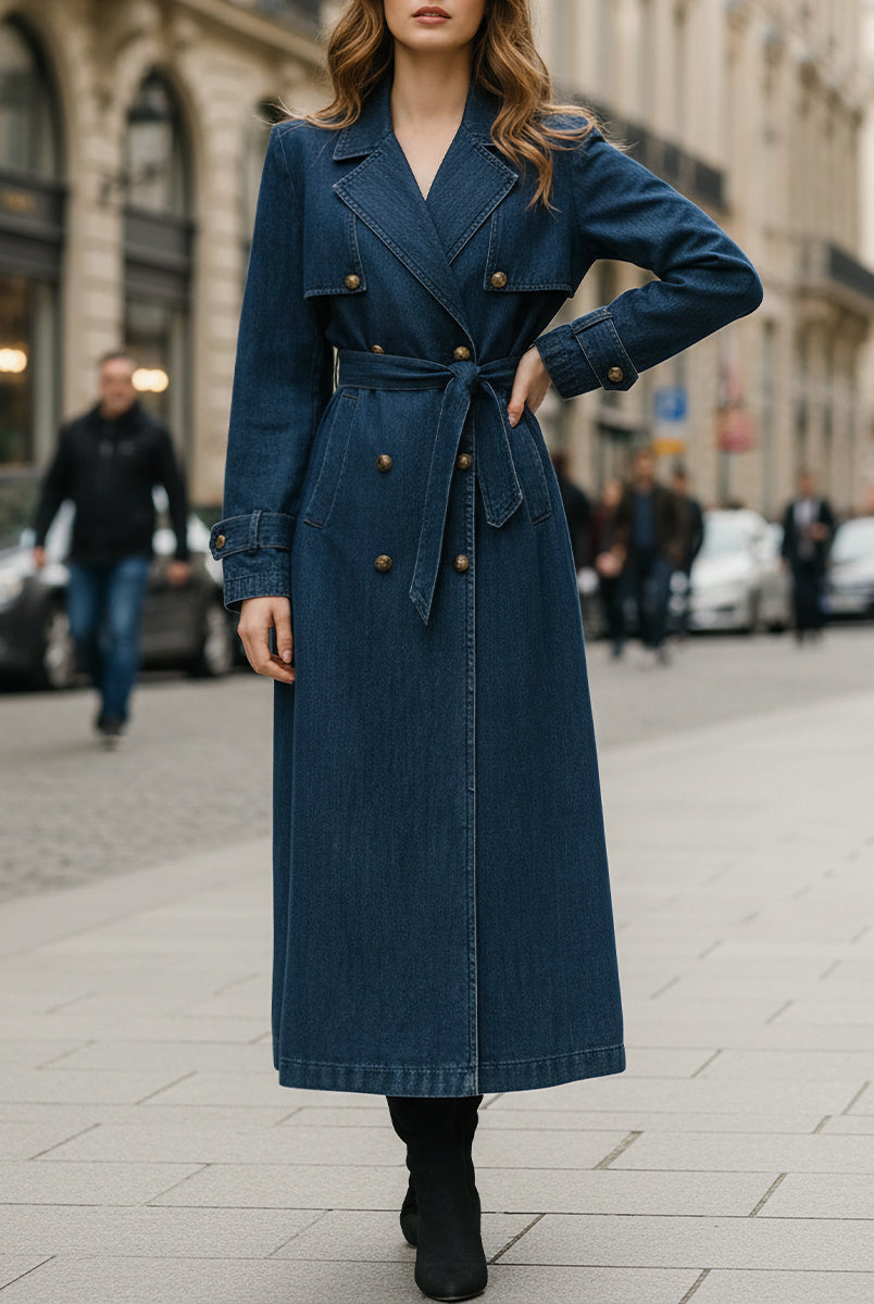 Indigo Lumina Vancouver double-breasted trench coat hanging on a rack, showing classic design and stylish fit.