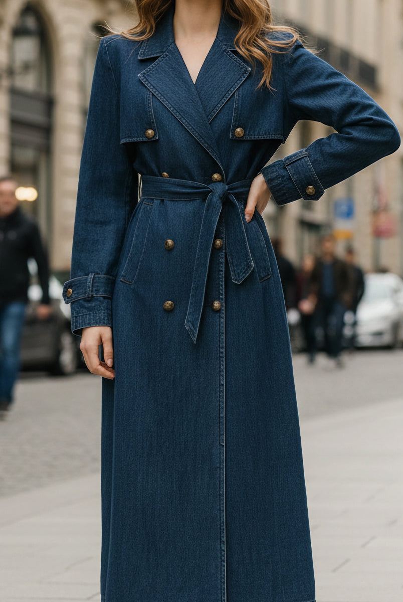 Indigo double-breasted trench coat by Lumina Vancouver, shown in XS size, with classic lapels and stylish design.