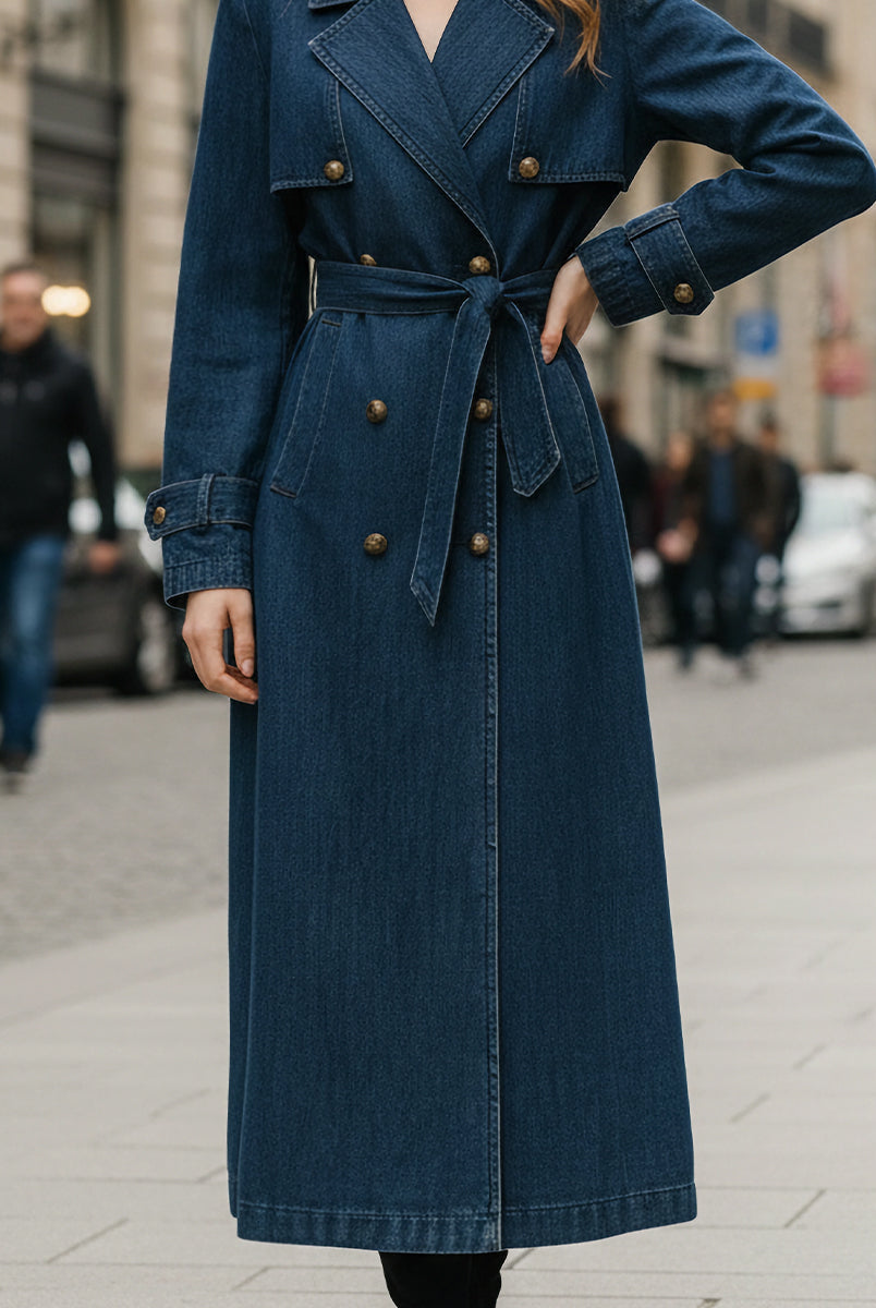 Indigo Lumina Vancouver double-breasted trench coat on a model, showcasing classic style and tailored fit in a stylish outdoor setting.