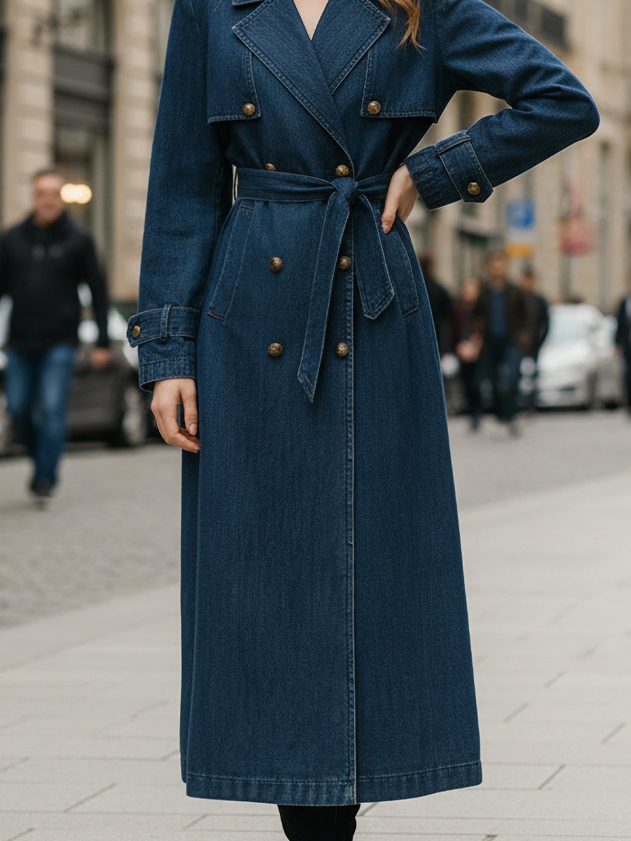 Indigo Lumina Vancouver double-breasted trench coat on a model, showcasing classic style and tailored fit in a stylish outdoor setting.