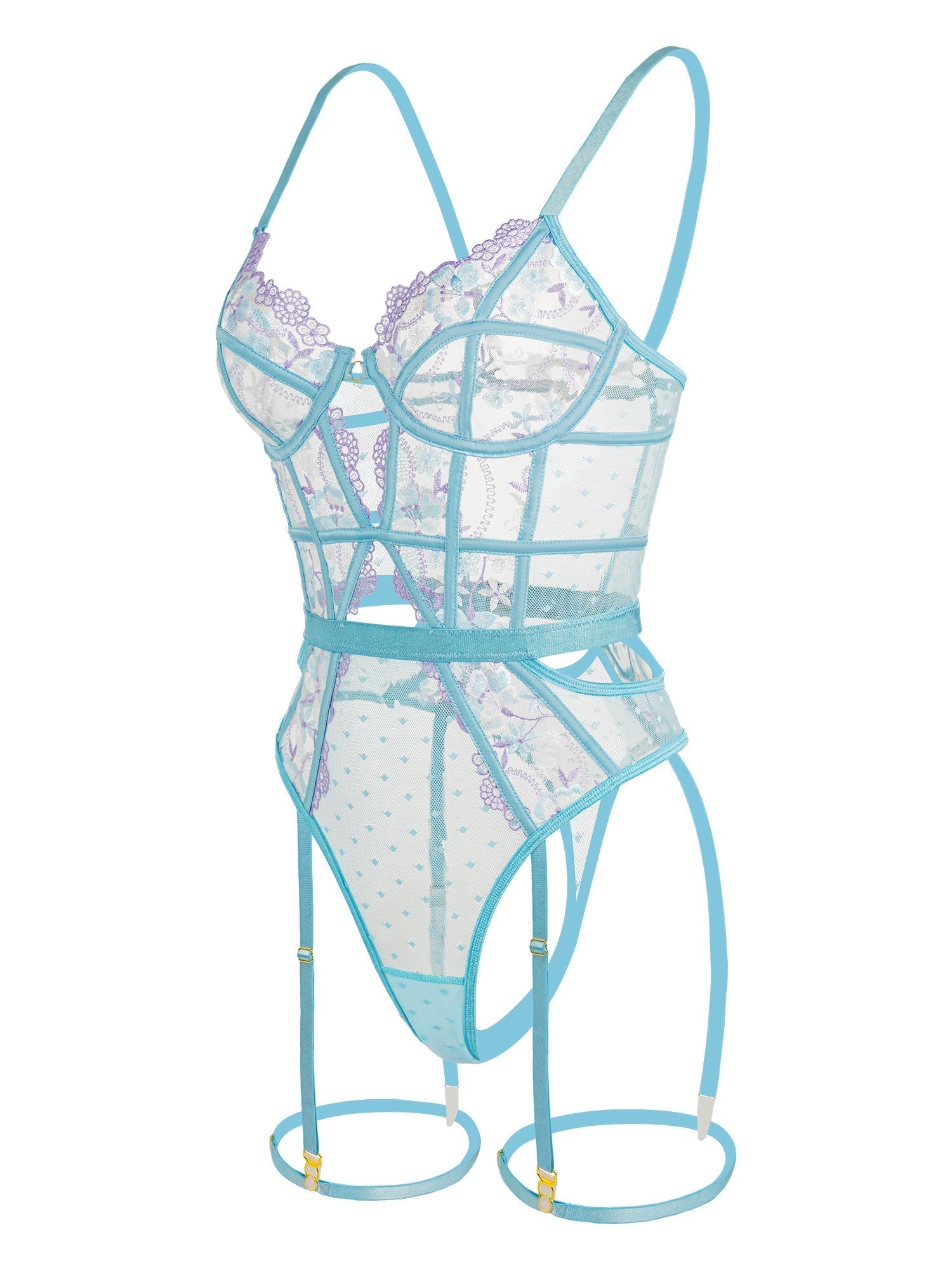 Indigo Dreams floral French-inspired sensual bodysuit by Lumina Vancouver, showcasing intricate floral design and sleek blue fabric.