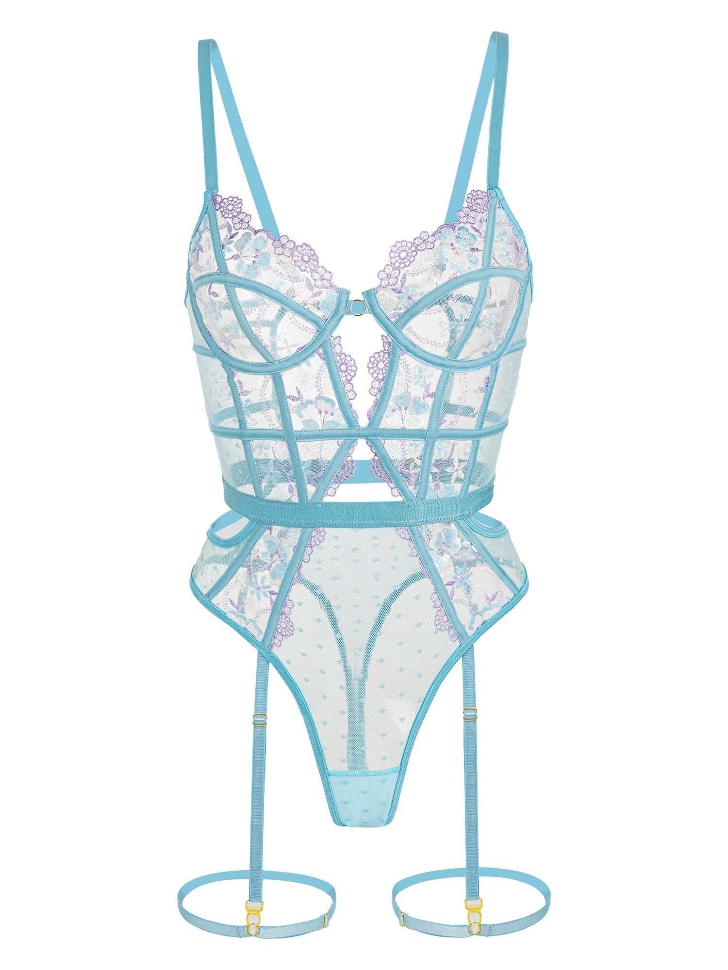 Blue Indigo Dreams floral French-inspired sensual bodysuit by Lumina Vancouver, featuring delicate floral lace and elegant design.