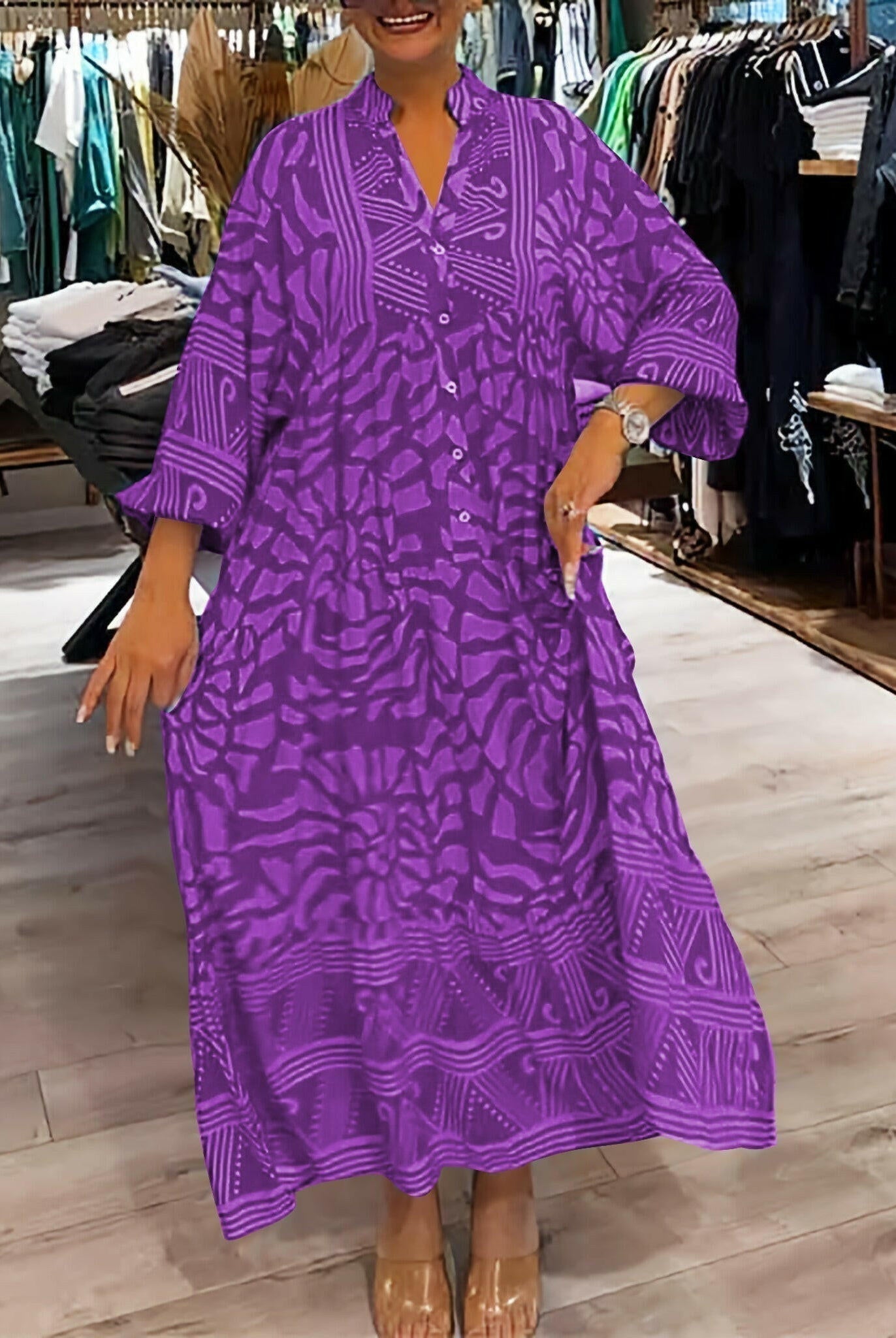 Blue Irene™ Vibrant Printed Dress by Lumina Vancouver featuring bold floral patterns and a flattering fit.