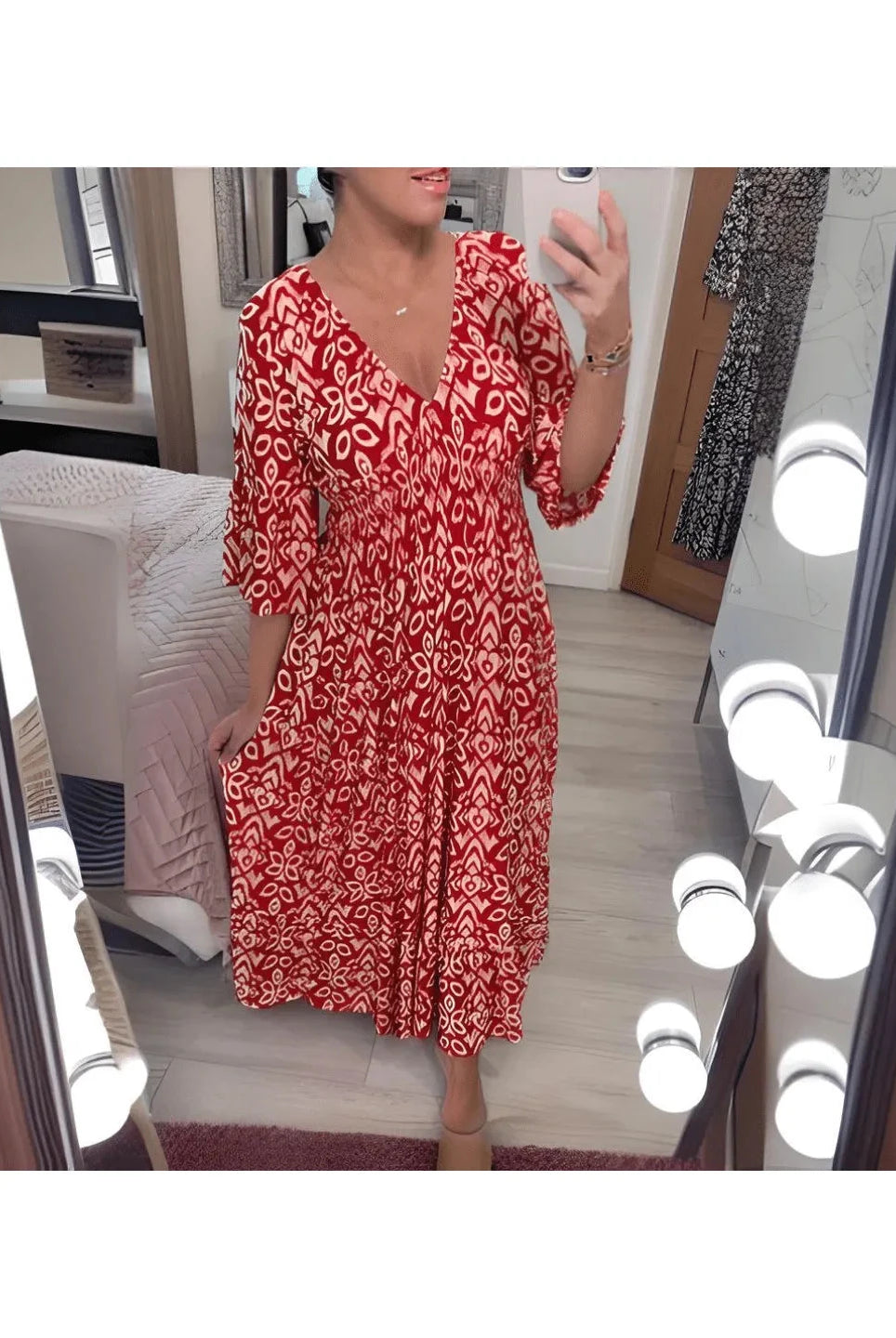 Red boho printed dress by Lumina Wear, featuring relaxed fit and vibrant pattern, perfect for casual and summer wear.