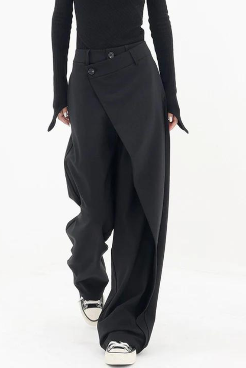 Black Isabella Chic Asymmetric Wide Leg Trousers by Lumina Wear, featuring a stylish, flowing design and high-waisted fit.