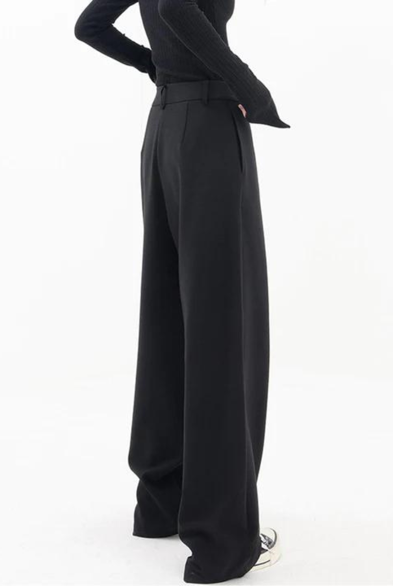 Black Isabella Chic Asymmetric Wide Leg Trousers by Lumina Wear, stylish and flowy with a modern asymmetric design.