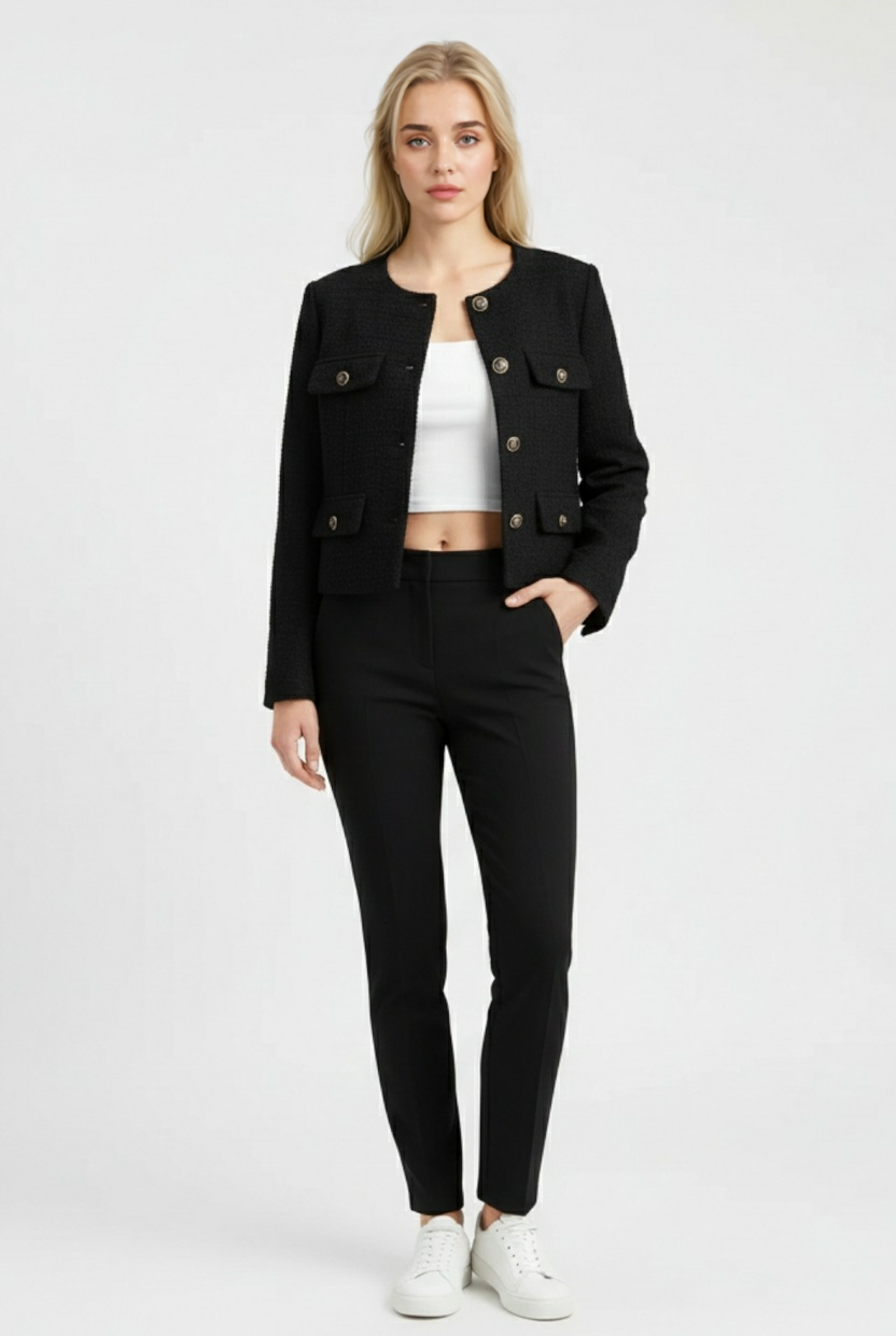 Black Isabella women's short jacket by Lumina Wear, stylish and versatile with a chic design, perfect for casual or dressy outfits.