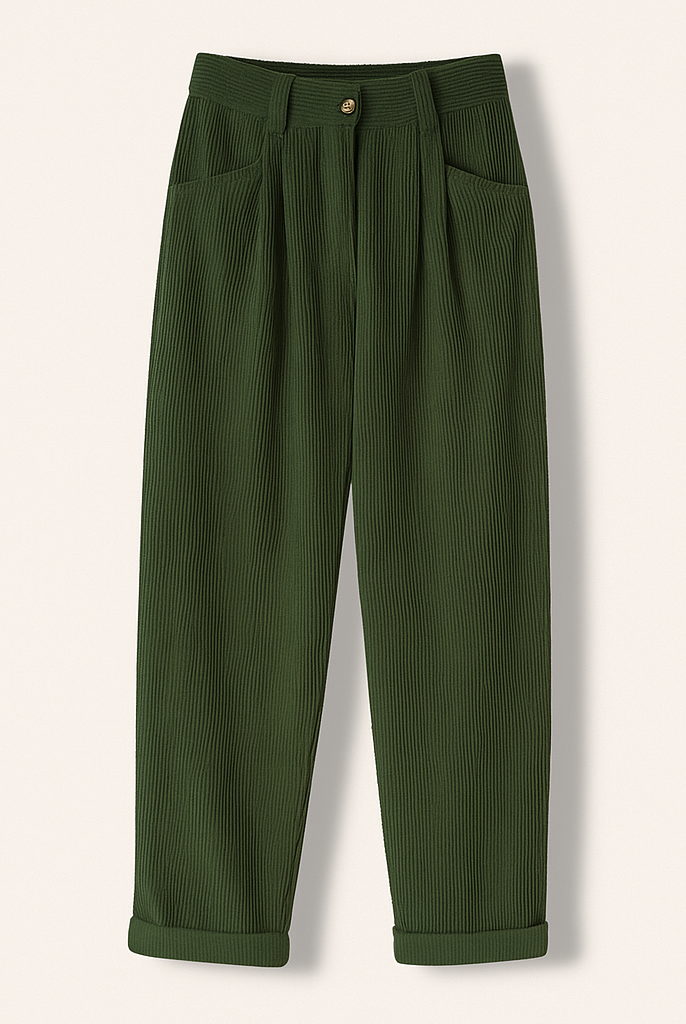 Isabella Lumina Wear brown corduroy trousers with a flattering fit, shown on a model, featuring classic style and textured fabric.