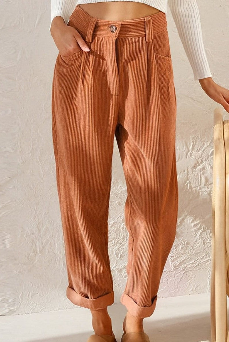 Isabella Lumina brown corduroy trousers with a flattering fit, shown on a model, highlighting the stylish design and texture.