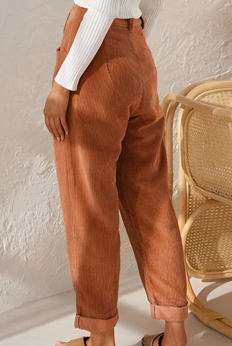 Isabella Lumina brown corduroy trousers with a flattering fit, featuring a chic style and visible textured fabric.