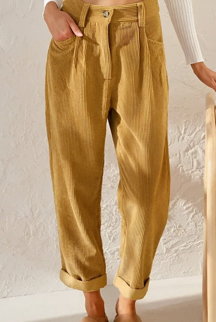 Isabella Lumina Wear brown corduroy trousers with a flattering fit, featuring a chic design and stylish silhouette.