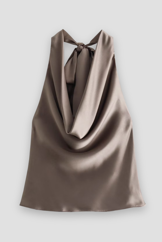 Brown Isabella Lumina Wear satin draped halter tank top with tie, stylish sleeveless top for a chic, elegant look.