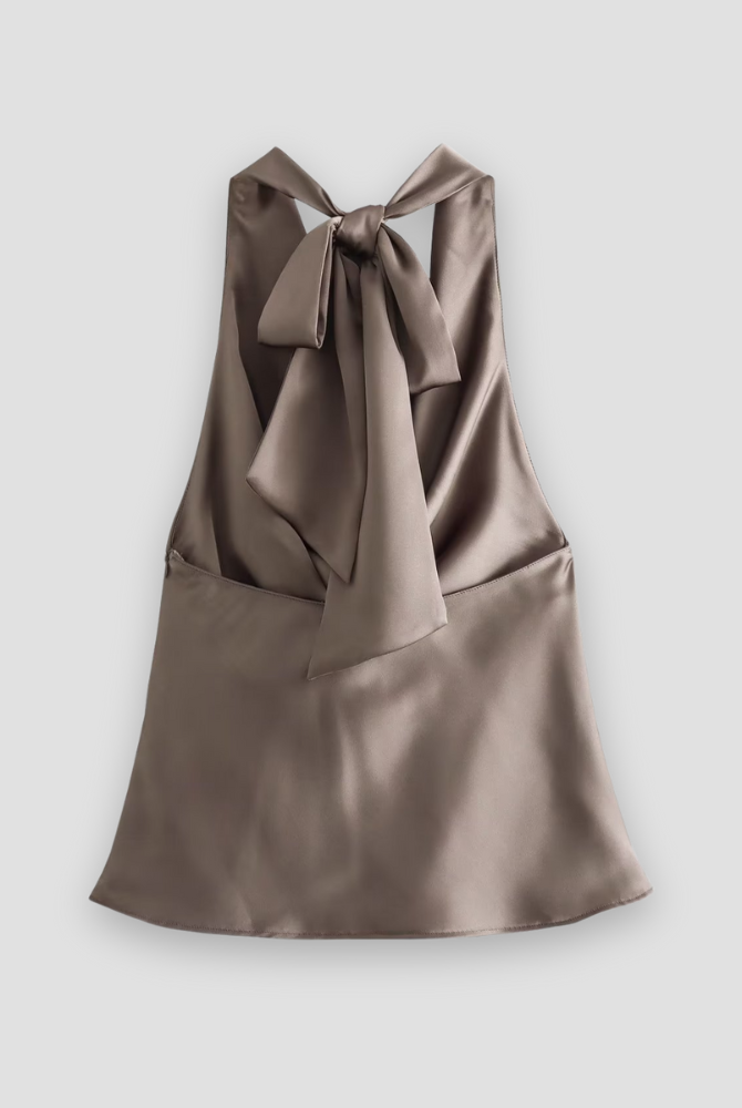 Brown Isabella Lumina Wear satin tank top with draped design and halter tie, showcasing a stylish and elegant sleeveless blouse.