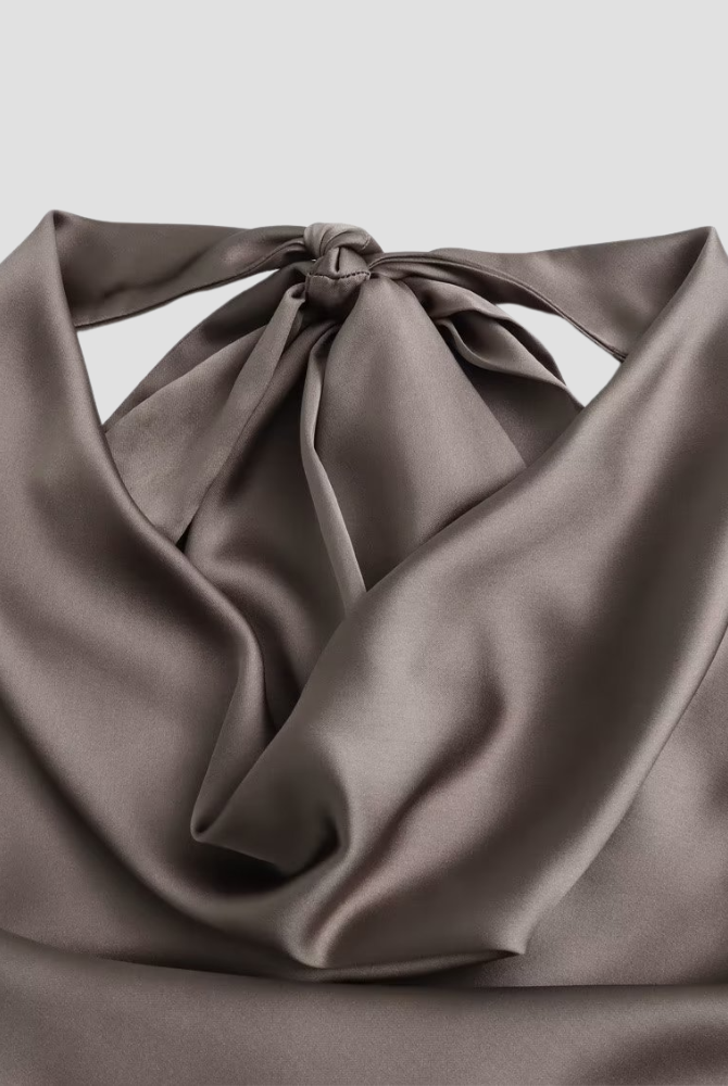 Brown satin draped tank top with halter tie from Lumina Wear's Isabella collection, stylish and elegant women's tank top.