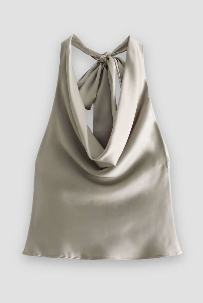 Brown Isabella satin tank top with draped design and halter tie by Lumina Wear, showcasing stylish, elegant sleeveless fashion.