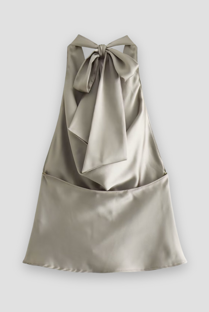 Brown Isabella chic satin draped tank top with halter tie from Lumina Wear, showing its stylish, relaxed fit and elegant satin fabric.