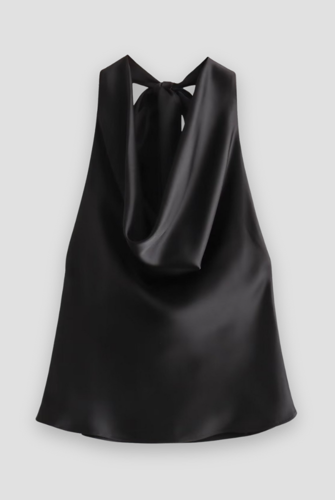 Brown Isabella Lumina Wear satin tank top with draped design and halter tie, shown on a model.